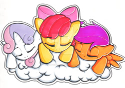 Size: 900x637 | Tagged: safe, artist:silly-da-billie, imported from derpibooru, apple bloom, scootaloo, sweetie belle, earth pony, pegasus, pony, unicorn, adorabloom, awww, cloud, cute, cutealoo, cutie mark crusaders, daaaaaaaaaaaw, deviantart watermark, diasweetes, eyes closed, female, filly, hnnng, mare, obtrusive watermark, simple background, sleeping, trio, watermark, white background