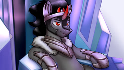 Size: 1280x720 | Tagged: safe, artist:magicstarfriends, imported from derpibooru, king sombra, pony, unicorn, the beginning of the end, long live the king, male, scene interpretation, sitting, solo, stupid sexy sombra, throne