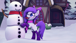 Size: 3200x1799 | Tagged: safe, artist:ghostlymarie, imported from derpibooru, oc, oc only, oc:alexia, pony, 3d, carrot, clothes, food, scarf, snow, snowfall, snowman, socks, solo, source filmmaker, striped socks