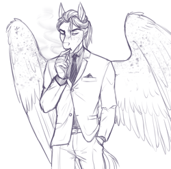 Size: 2584x2550 | Tagged: safe, artist:askbubblelee, imported from derpibooru, oc, oc only, oc:smokescreen, anthro, pegasus, cigarette, clothes, freckles, male, monochrome, necktie, simple background, sketch, smoking, solo, stallion, suit, white background, wing freckles