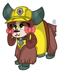 Size: 852x1013 | Tagged: safe, artist:rainbow eevee, imported from derpibooru, yona, yak, bow, clothes, cloven hooves, collar, female, hair bow, hard hat, looking up, monkey swings, paw patrol, rubble (paw patrol), simple background, solo, transparent background