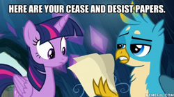 Size: 600x337 | Tagged: safe, edit, edited screencap, imported from derpibooru, screencap, gallus, twilight sparkle, alicorn, griffon, pony, uprooted, caption, cease and desist, chest fluff, duo, female, image macro, male, mare, memeful.com, text, twilight sparkle (alicorn)