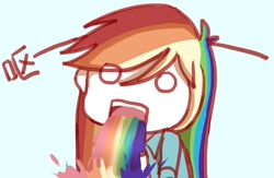 Size: 800x520 | Tagged: safe, artist:dez, imported from derpibooru, rainbow dash, human, chinese, chinese character, female, humanized, looking at you, puking rainbows, solo, vomiting