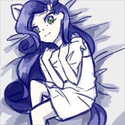 Size: 602x602 | Tagged: safe, artist:dez, imported from derpibooru, rarity, human, bed, female, humanized, looking at you, pillow, pony ears, solo