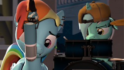 Size: 1920x1080 | Tagged: safe, artist:juiceboxalvin, imported from derpibooru, lyra heartstrings, rainbow dash, pony, 3d, backwards ballcap, baseball cap, blu team, cap, crossover, drum set, ear piercing, hat, lip piercing, microphone, piercing, source filmmaker, team fortress 2