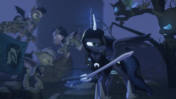 Size: 1920x1080 | Tagged: safe, artist:bronycrystalnight, imported from derpibooru, nightmare moon, princess luna, bat pony, changeling, pony, 3d, night, night guard, source filmmaker, sword, weapon