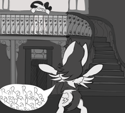 Size: 1000x900 | Tagged: artist needed, source needed, safe, imported from derpibooru, rainbow dash, rarity, pony, a streetcar named desire, balcony, bipedal, grayscale, monochrome, rarara, rarity is not amused, stairs, unamused