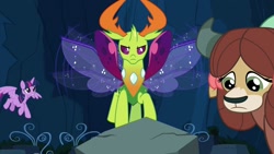 Size: 1280x720 | Tagged: safe, imported from derpibooru, screencap, ocellus, thorax, twilight sparkle, yona, alicorn, changedling, changeling, yak, uprooted, angry, cave of harmony, changeling king, disguise, disguised changeling, female, flying, king thorax, looking down, male, mare, monkey swings, pathetic, rockellus, spread wings, thorax is not amused, twilight sparkle (alicorn), wings