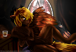 Size: 1563x1080 | Tagged: safe, artist:brainiac, imported from derpibooru, oc, oc only, oc:calamity, pegasus, pony, fallout equestria, cowboy hat, dashite, fanfic, fanfic art, hat, hooves, male, solo, stallion, wings
