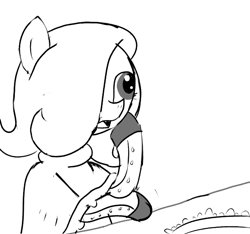 Size: 640x600 | Tagged: safe, artist:ficficponyfic, imported from derpibooru, oc, oc only, oc:emerald jewel, earth pony, pony, colt quest, child, clothes, colt, cute, cyoa, femboy, foal, hair over one eye, male, monochrome, prostitute, solo, story included, table, thinking