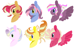 Size: 1299x865 | Tagged: safe, artist:cringequeen-universe, imported from derpibooru, oc, earth pony, pegasus, pony, unicorn, base used, bust, chest feathers, freckles, magical lesbian spawn, next generation, offspring, parent:applejack, parent:big macintosh, parent:coco pommel, parent:fluttershy, parent:pinkie pie, parent:pokey pierce, parent:prince blueblood, parent:princess cadance, parent:quibble pants, parent:rainbow dash, parent:rarity, parent:twilight sparkle, parents:bluejack, parents:fluttermac, parents:marshmallow coco, parents:pokeypie, parents:quibbledash, parents:twidance
