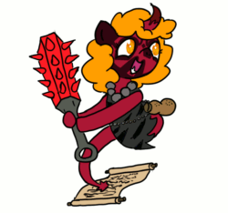 Size: 640x600 | Tagged: safe, artist:ficficponyfic, edit, editor:gimpanon, imported from derpibooru, oc, oc only, oc:pipadeaxkor, demon, demon pony, oni, original species, colt quest, animated, beads, bottle, clothes, club, club (weapon), color, cosplay, costume, cute, darth maul, evil, fangs, fire, gif, horn, jewelry, loincloth, necklace, scroll, solo, spiked club, star wars, vibrating, weapon