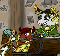 Size: 640x600 | Tagged: safe, artist:ficficponyfic, imported from derpibooru, oc, oc:emerald jewel, oc:joyride, oc:ruby rouge, kobold, lizard, colt quest, amulet, clothes, color, crown, cute, excitement, eyeshadow, gold, greed, happy, jewelry, knife, makeup, missing horn, necklace, other species, regalia, species swap, treasure, treasure chest, wingding eyes