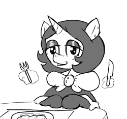 Size: 640x600 | Tagged: safe, artist:ficficponyfic, imported from derpibooru, oc, oc only, oc:joyride, pony, unicorn, colt quest, aura, bowtie, cyoa, ear piercing, eyeshadow, female, fork, horn, knife, levitation, magic, makeup, mantle, mare, monochrome, no iris, piercing, plate, smiling, smirk, solo, story included, table, telekinesis