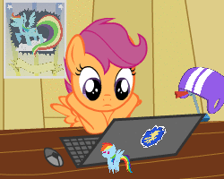 Size: 250x200 | Tagged: safe, artist:omentallic, imported from derpibooru, scootaloo, pegasus, pony, animated, computer, computer mouse, facedesk, female, filly, helmet, laptop computer, mare, poster, scooter, solo