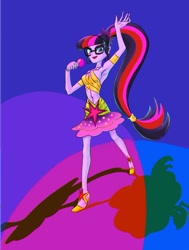 Size: 779x1033 | Tagged: safe, artist:xjleiu, imported from derpibooru, sci-twi, twilight sparkle, dance magic, equestria girls, spoiler:eqg specials, armpits, belly button, clothes, dress, female, glasses, microphone, midriff, open mouth, solo, spotlight