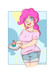 Size: 2480x3507 | Tagged: safe, artist:artyfour, imported from derpibooru, pinkie pie, human, clothes, cupcake, female, food, humanized, looking at you, shirt, shorts, solo