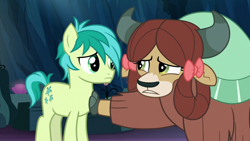 Size: 1920x1080 | Tagged: safe, imported from derpibooru, screencap, sandbar, yona, earth pony, pony, uprooted, cave of harmony, cloven hooves, comforting, cute, duo, female, friends, good intentions gone wrong, horns, looking at each other, male, monkey swings, sandabetes, teenager, upset, yonadorable
