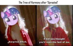 Size: 959x609 | Tagged: safe, imported from derpibooru, tree of harmony, pony, uprooted, american horror story, exploitable meme, meme, treehouse of harmony, treelight sparkle, vulgar