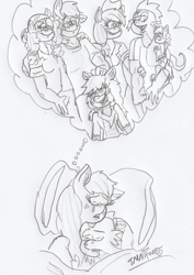 Size: 903x1274 | Tagged: safe, artist:tmntfan85, imported from derpibooru, applejack, bright mac, pear butter, spike, oc, oc:apple scorch, anthro, dracony, hybrid, applespike, brightbutter, crying, dream, female, interspecies offspring, male, offspring, onomatopoeia, parent:applejack, parent:spike, parents:applespike, pencil drawing, shipping, sleeping, sound effects, straight, thought bubble, traditional art, zzz