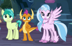 Size: 700x444 | Tagged: safe, imported from derpibooru, screencap, sandbar, silverstream, smolder, uprooted, :t, animated, cute, diastreamies, gif, glomp, hug, sandabetes, smolderbetes, squishy, squishy cheeks, trio