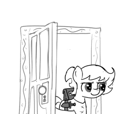 Size: 640x600 | Tagged: safe, artist:ficficponyfic, imported from derpibooru, oc, oc only, oc:ruby rouge, earth pony, pony, colt quest, bag, belt, clothes, cyoa, door, female, filly, foal, knife, monochrome, shirt, solo, story included, tomboy