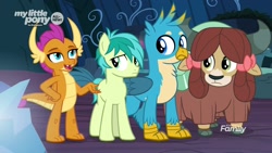 Size: 1920x1080 | Tagged: safe, imported from derpibooru, screencap, gallus, sandbar, smolder, yona, dragon, earth pony, griffon, pony, yak, uprooted, bow, cloven hooves, dragoness, female, hair bow, male, monkey swings, teenager