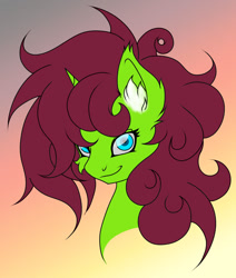 Size: 1024x1208 | Tagged: safe, artist:ravvij, imported from derpibooru, oc, oc only, oc:creeping vines, bat pony, fluffy pony, pony, big hair, big mane, blue, bust, curly hair, curly mane, cute, female, first draft, fluffy, green, insanity, mane, mare, purple, red, solo, wild