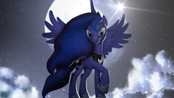 Size: 3072x1728 | Tagged: safe, artist:aeridiccore, imported from derpibooru, princess luna, pony, 3d, cloud, female, lens flare, moon, solo, source filmmaker