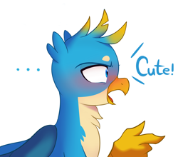 Size: 2400x2110 | Tagged: safe, artist:maren, imported from derpibooru, imported from ponybooru, gallus, griffon, ..., blushing, cute, dialogue, gallabetes, looking at something, male, open mouth, pointing, shrunken pupils, simple background, solo, white background