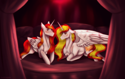 Size: 2319x1473 | Tagged: safe, artist:artannie, artist:artannie01, imported from derpibooru, daybreaker, oc, oc:king phoenix, alicorn, pony, bed, blushing, cushion, duo, floppy ears, looking at something, lying down, lying on bed, on bed, prone, spread wings, wings