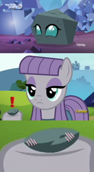 Size: 636x1158 | Tagged: safe, edit, edited screencap, imported from derpibooru, screencap, boulder (pet), maud pie, ocellus, changeling, earth pony, pony, rock solid friendship, season 7, season 9, uprooted, spoiler:s09, blushing, boulder (g4), exclamation point, metal gear solid, rockellus, shipping domino