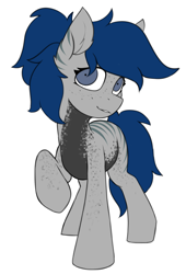 Size: 1700x2500 | Tagged: safe, alternate version, artist:argigen, imported from derpibooru, oc, oc only, oc:mystic harmony, hybrid, pony, zony, creepy, creepy smile, female, flat colors, looking at you, raised hoof, rcf community, smiling, solo