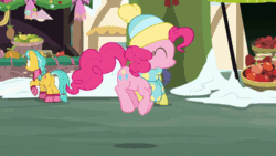 Size: 480x270 | Tagged: safe, edit, edited screencap, imported from derpibooru, screencap, berry punch, berryshine, citrine spark, comet tail, fire quacker, pinkie pie, pony, best gift ever, animated, bonnet, cap, clothes, cute, diapinkes, eyes closed, friendship student, gif, happy, hat, jumping, market, perfect loop, ponk, pronking, scarf, winter