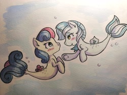 Size: 2560x1920 | Tagged: safe, artist:lightisanasshole, imported from derpibooru, bon bon, lyra heartstrings, sweetie drops, pony, seapony (g4), abstract background, bedroom eyes, blue background, blue eyes, blushing, bubble, dorsal fin, female, fin, fins, flowing tail, hoof hold, hooves, horn, lesbian, looking at each other, looking at someone, lyrabon, mare, ocean, painting, seaponified, seapony bon bon, seapony lyra, seduction, seductive, seductive look, shipping, simple background, species swap, suprised look, surprised, tail, traditional art, underwater, water, watercolor painting