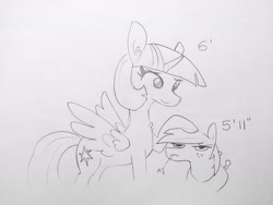 Size: 1920x1440 | Tagged: safe, artist:tjpones, imported from derpibooru, big macintosh, twilight sparkle, alicorn, earth pony, pony, 5'11" vs 6'0", chest fluff, duo, ear fluff, female, grayscale, hay, hay stalk, head pat, lineart, male, mare, monochrome, pat, simple background, size difference, stallion, straw in mouth, traditional art, twilight sparkle (alicorn)