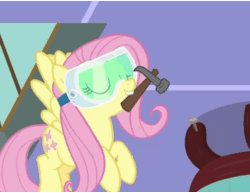 Size: 496x382 | Tagged: safe, imported from derpibooru, screencap, fluttershy, pegasus, pony, discordant harmony, animated, cropped, cute, eyes closed, female, flying, hammer, mare, mouth hold, nail, safety goggles, shyabetes, solo