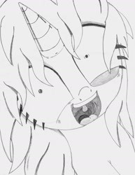 Size: 1700x2200 | Tagged: safe, artist:tenebrousmelancholy, imported from derpibooru, rarity, pony, bust, eye twitch, insanity, laughing, lineart, open mouth
