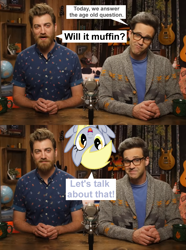 Size: 1605x2160 | Tagged: safe, edit, edited screencap, imported from derpibooru, screencap, derpy hooves, human, good mythical morning, rhett and link, will it muffin?