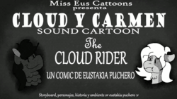 Size: 852x480 | Tagged: safe, artist:euspuche, imported from derpibooru, oc, oc only, oc:carmen garcía, oc:cloud rider, pegasus, pony, animated, cloud, explosion, female, flying, frame by frame, laughing, lightning, male, mare, missing cutie mark, monochrome, rocket launcher, sign, song, sound, stallion, tree, video, webm