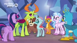 Size: 1920x1080 | Tagged: safe, imported from derpibooru, screencap, gallus, ocellus, silverstream, smolder, thorax, twilight sparkle, yona, alicorn, changedling, changeling, classical hippogriff, dragon, griffon, hippogriff, pony, yak, uprooted, changeling king, cloven hooves, crystal, discovery family logo, dragoness, female, king thorax, male, mare, twilight sparkle (alicorn)