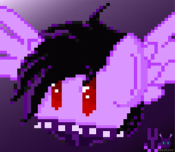 Size: 2931x2550 | Tagged: safe, artist:wheatley r.h., imported from derpibooru, oc, oc only, oc:rito, pegasus, pony, choker, clothes, collar, gradient background, hair, jacket, male, pegasus oc, pegasus wings, pixel art, purple background, red eyes, simple background, solo, spiked choker, spiked collar, stallion, vector, watermark, wings