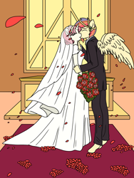 Size: 900x1200 | Tagged: safe, artist:linedraweer, imported from derpibooru, oc, oc only, oc:brandy, oc:thor, anthro, pegasus, unguligrade anthro, unicorn, altar, anthro oc, clothes, commission, dress, female, flower, happy, kissing, male, mare, marriage, oc x oc, shipping, stallion, straight, wedding, wedding dress, wings