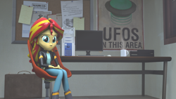 Size: 1920x1080 | Tagged: safe, artist:fd-daylight, imported from derpibooru, sunset shimmer, equestria girls, 3d, coffee mug, computer, monitor, mug, source filmmaker, ufo