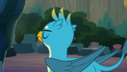 Size: 1280x720 | Tagged: safe, imported from derpibooru, screencap, gallus, griffon, uprooted, eyes closed, male, tail, wings