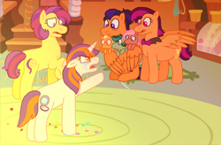 Size: 2219x1457 | Tagged: safe, artist:kindheart525, artist:oixie-patters116, imported from derpibooru, oc, oc only, oc:diamond mine, oc:dust bunny, oc:pippin rose, oc:snapdragon, oc:thunderclap, oc:tulip tea, earth pony, pegasus, pony, unicorn, kindverse, bowtie, crying, offspring, parent:apple bloom, parent:button mash, parent:oc:flower power, parent:oc:motocross, parent:rumble, parent:scootaloo, parent:sweetie belle, parent:tender taps, parents:rumbloo, parents:sweetiemash, parents:tenderbloom, pregnant, triplets