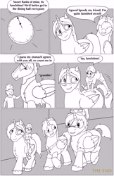 Size: 5925x9153 | Tagged: safe, artist:cactuscowboydan, imported from derpibooru, oc, oc:heartstrong flare, oc:king calm merriment, oc:king speedy hooves, oc:tommy the human, alicorn, human, pony, comic:fusing the fusions, comic:the bastion of canterlot, alicorn oc, argument, butt, canterlot, canterlot castle, cape, clock, clothes, comic, commissioner:bigonionbean, conductor hat, confusion, dialogue, family, fat ass, father and son, flank, fusion, fusion:big macintosh, fusion:caboose, fusion:cheese sandwich, fusion:donut joe, fusion:fancypants, fusion:flash sentry, fusion:heartstrong flare, fusion:king calm merriment, fusion:king speedy hooves, fusion:promontory, fusion:shining armor, fusion:silver zoom, fusion:soarin', fusion:sunburst, fusion:trouble shoes, goggles, gymnasium, hanging on, hat, human oc, hungry, jumping, kissing, lunchtime, magic, male, petting, plot, potion, scared, sketch, stallion, stomach, stomach growl, stomach noise, the ass was fat, thicc ass, uncle and nephew, uniform, wings, wonderbolts, wonderbolts uniform, writer:bigonionbean