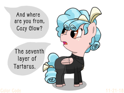 Size: 2048x1536 | Tagged: safe, artist:colorcodetheartist, imported from derpibooru, cozy glow, pony, cozy glow is not amused, damien thorn, dialogue, female, filly, foal, freckles, solo, south park, speech bubble