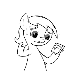 Size: 640x600 | Tagged: safe, artist:ficficponyfic, imported from derpibooru, oc, oc only, oc:larimar, earth pony, pony, colt quest, child, colt, foal, lip bite, male, monochrome, puzzle, puzzle piece, solo, story included, sweat, uncertain
