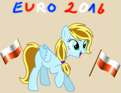 Size: 895x687 | Tagged: safe, artist:swirlingmelody, imported from derpibooru, oc, oc only, pegasus, pony, female, flag, football, mare, open mouth, poland, raised hoof, simple background, smiling, solo, sports
